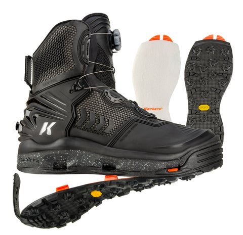 River Ops BOA Wading Boot on white with Felt and Vibram soles behind